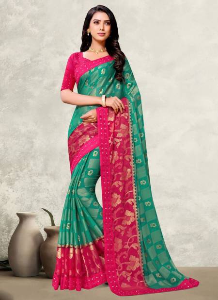 Sea Green And Pink Colour Festive Wear Chiffon Brasso Printed Mirror Lace Saree Collection 24095